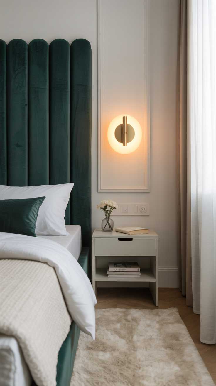 27 Dreamy Dark Green Bedroom Ideas for Stylish Comfort 16 A bedroom with dark green velvet headboard against white walls