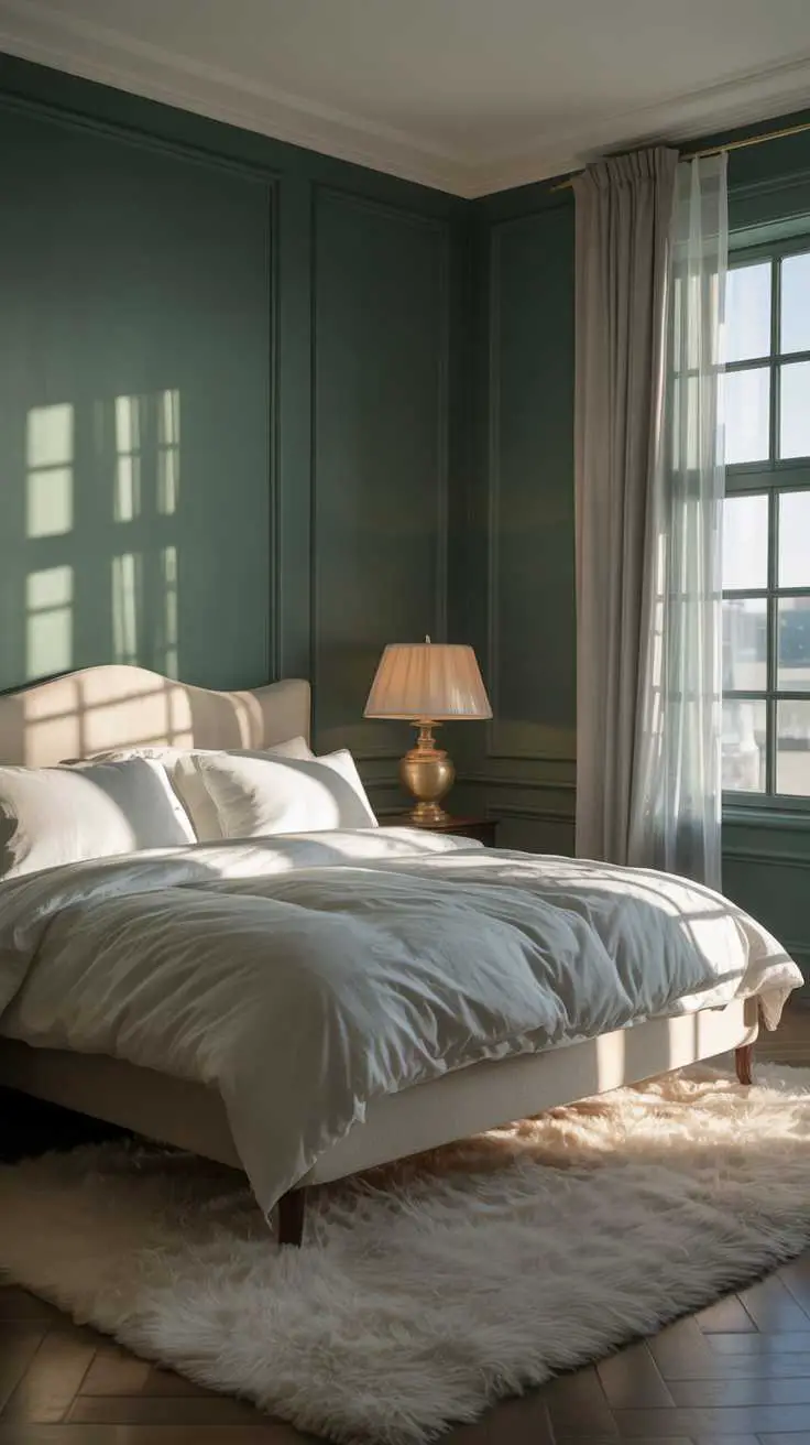 27 Dreamy Dark Green Bedroom Ideas for Stylish Comfort 17 A bedroom with dark green walls and white bedding