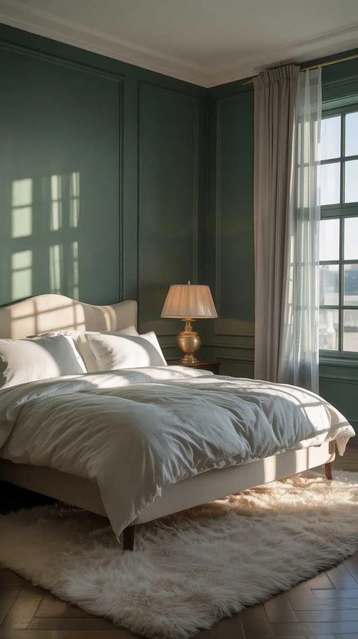 27 Dreamy Dark Green Bedroom Ideas for Stylish Comfort 17 A bedroom with dark green walls and white bedding