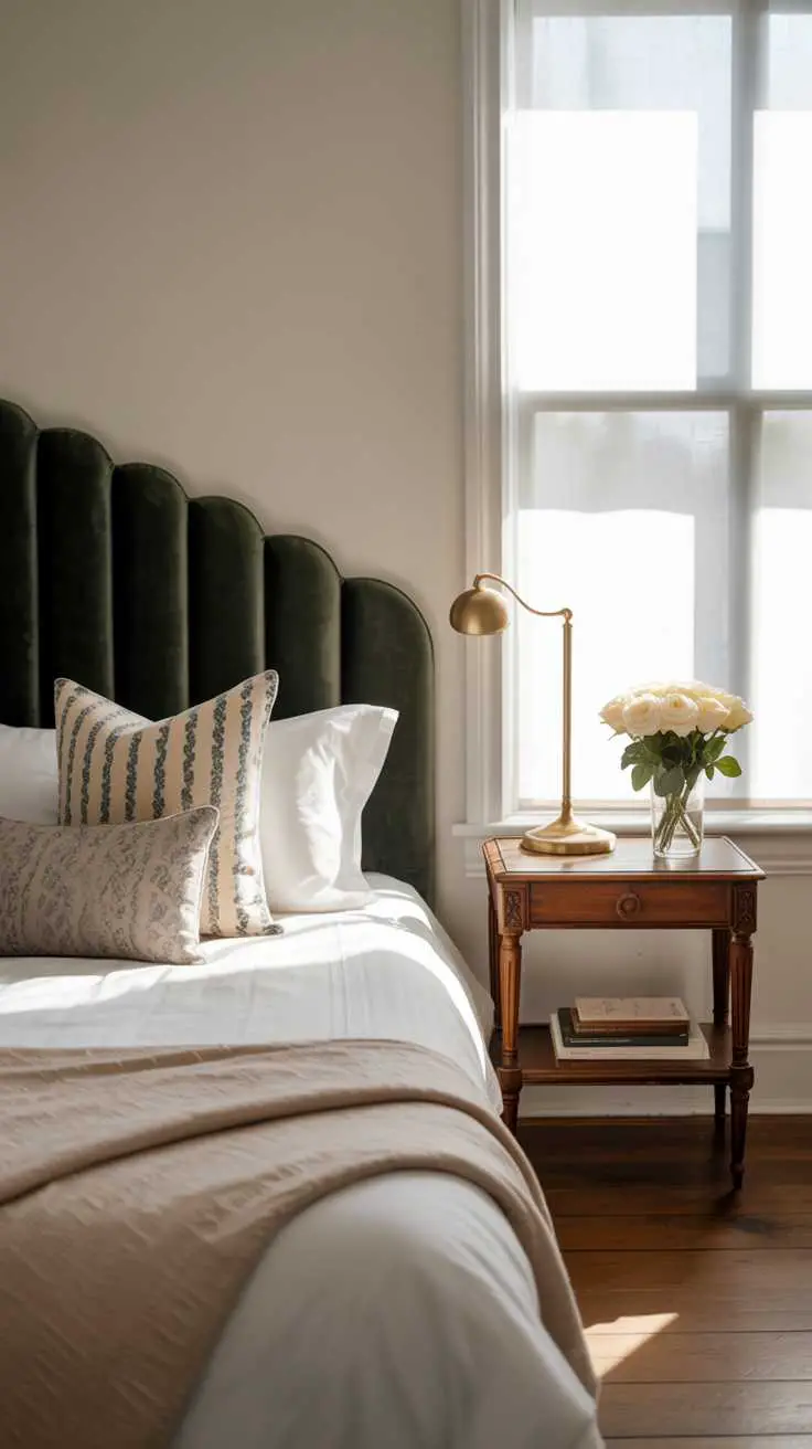 27 Dreamy Dark Green Bedroom Ideas for Stylish Comfort 18 A bedroom with dark green velvet headboard and white linens