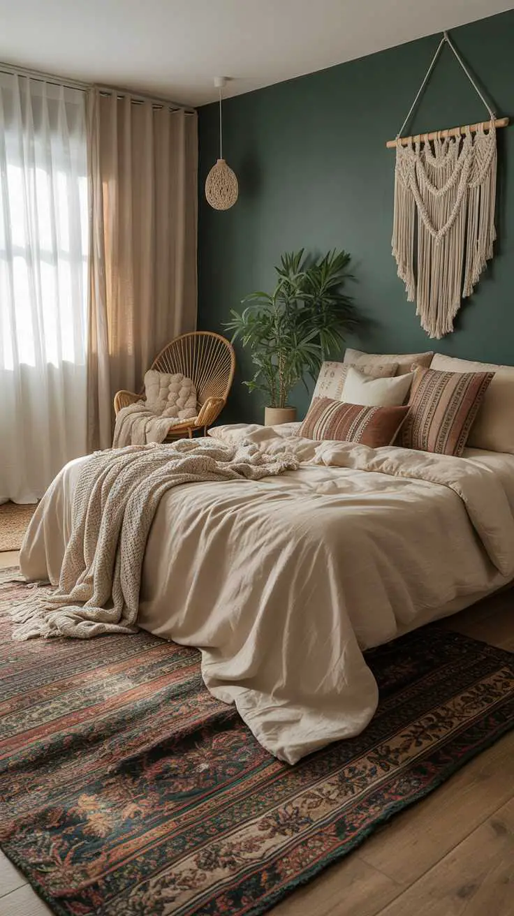 27 Dreamy Dark Green Bedroom Ideas for Stylish Comfort 19 A boho bedroom with dark green accent wall and cream linen