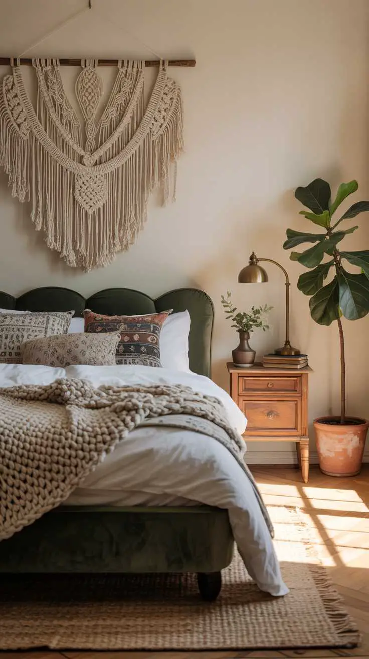 27 Dreamy Dark Green Bedroom Ideas for Stylish Comfort 20 A bohemian bedroom with dark green velvet bed and macrame hanging