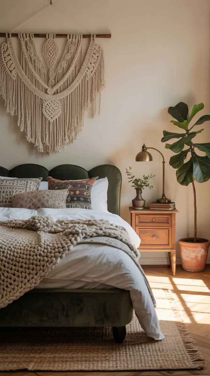 27 Dreamy Dark Green Bedroom Ideas for Stylish Comfort 20 A bohemian bedroom with dark green velvet bed and macrame hanging