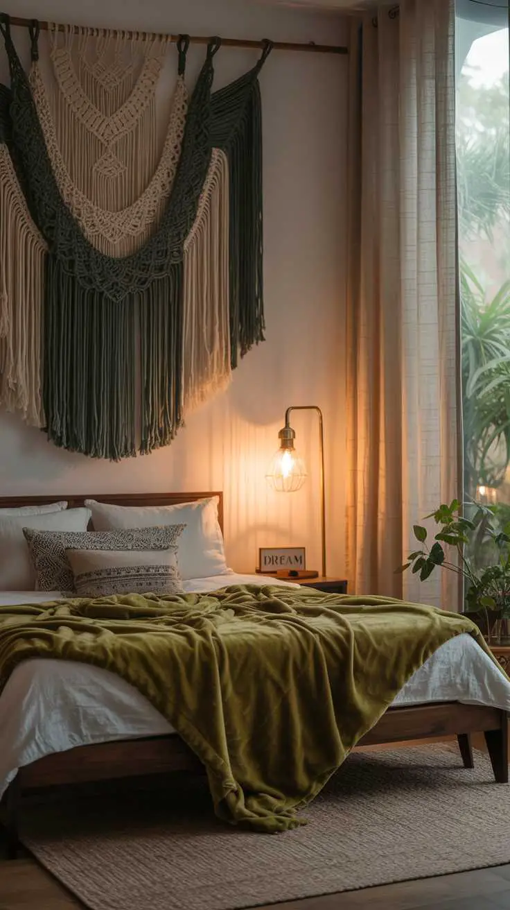 27 Dreamy Dark Green Bedroom Ideas for Stylish Comfort 21 A bedroom with moss-green velvet throw and macrame wall hanging