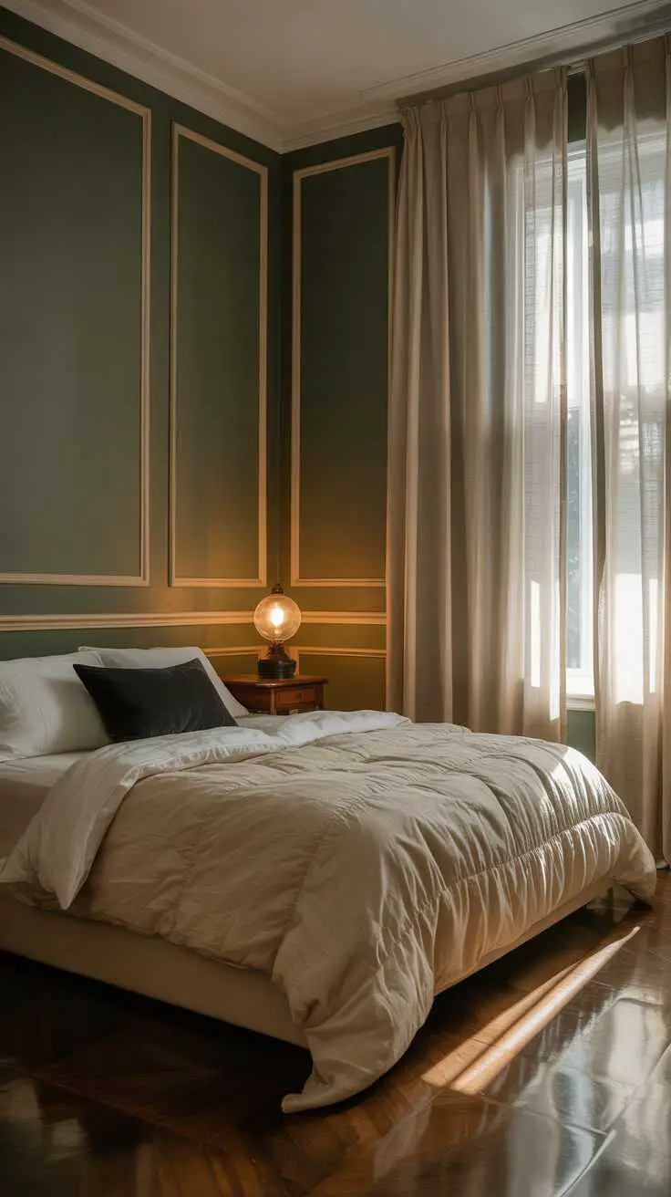 27 Dreamy Dark Green Bedroom Ideas for Stylish Comfort 22 A bedroom with dark green walls and cream duvet