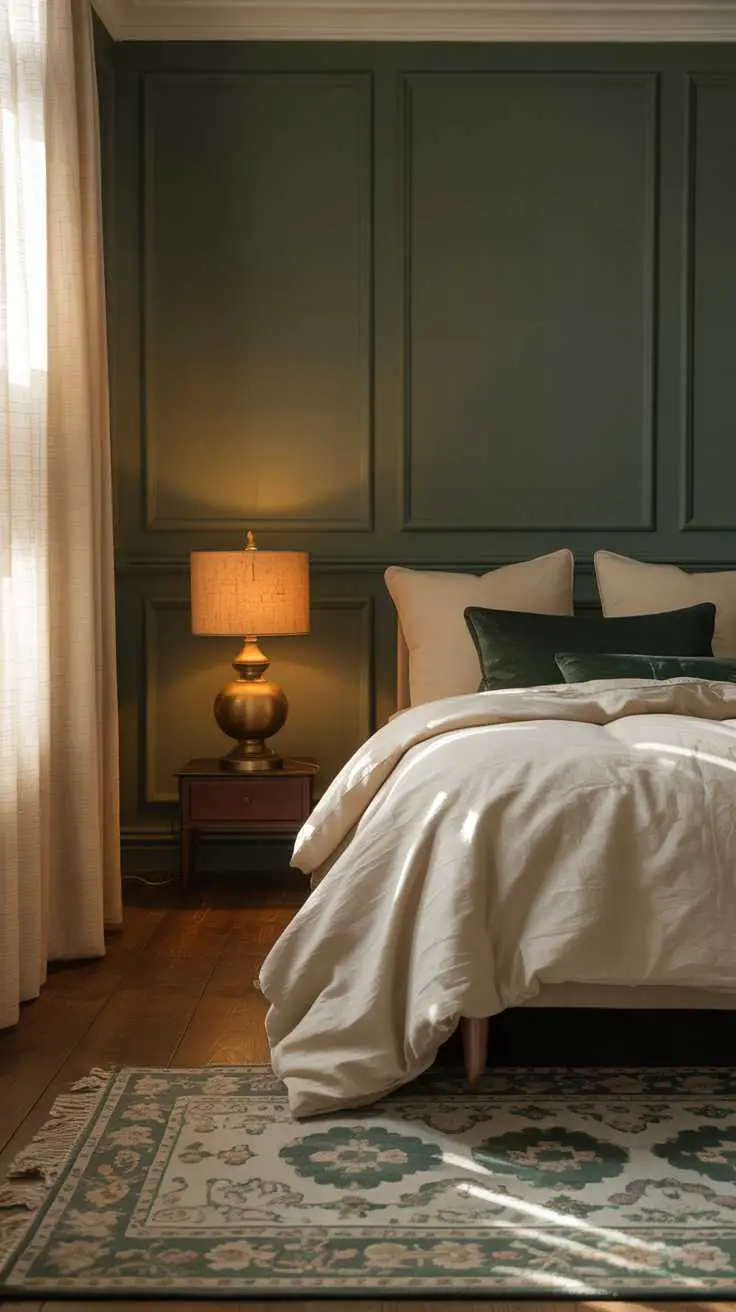 27 Dreamy Dark Green Bedroom Ideas for Stylish Comfort 23 A bedroom with dark green walls, cream duvet and green throw pillows