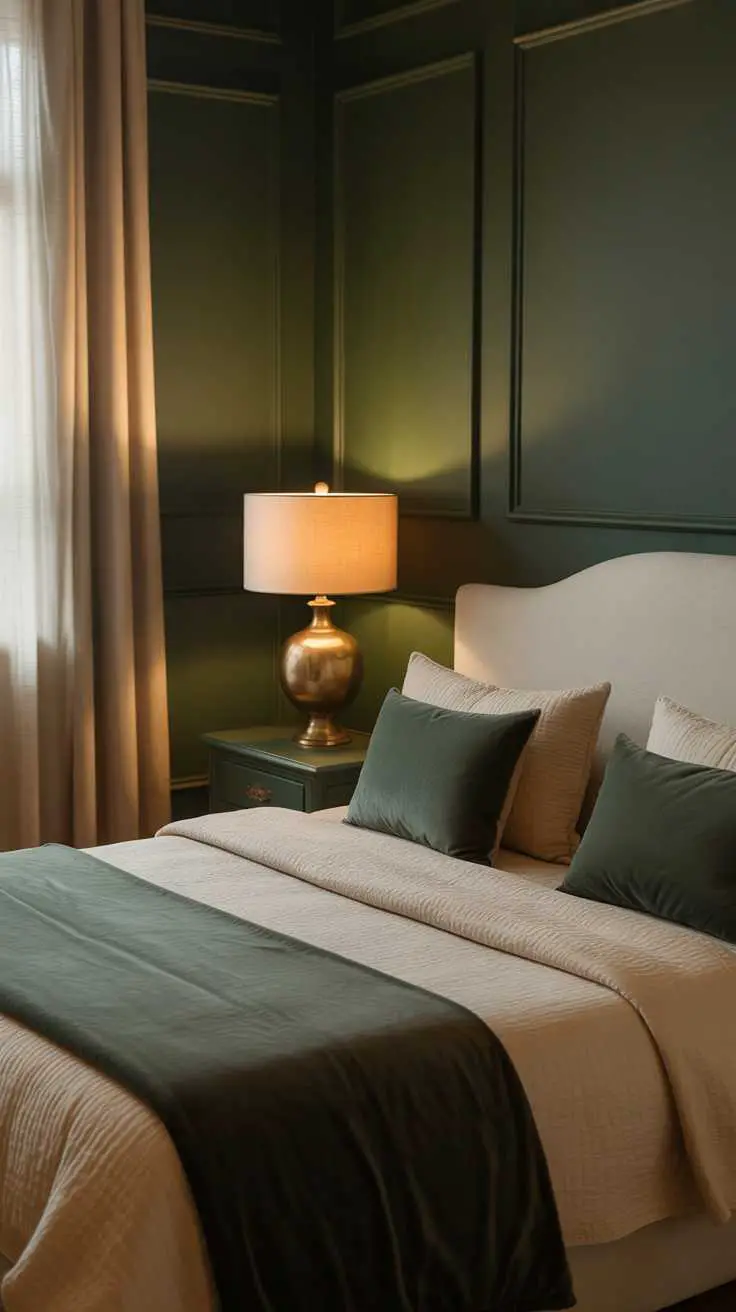 27 Dreamy Dark Green Bedroom Ideas for Stylish Comfort 24 A bedroom with dark green walls and cream duvet with green pillows