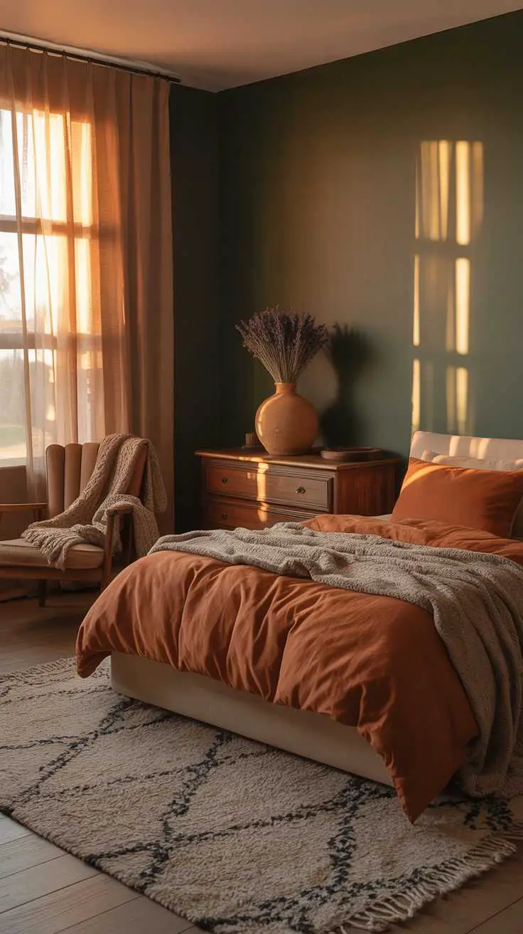27 Dreamy Dark Green Bedroom Ideas for Stylish Comfort 25 A bedroom with forest green walls and burnt orange accents