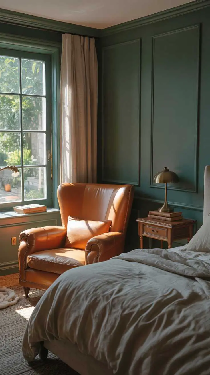 27 Dreamy Dark Green Bedroom Ideas for Stylish Comfort 26 A bedroom with forest green walls and burnt orange leather armchair