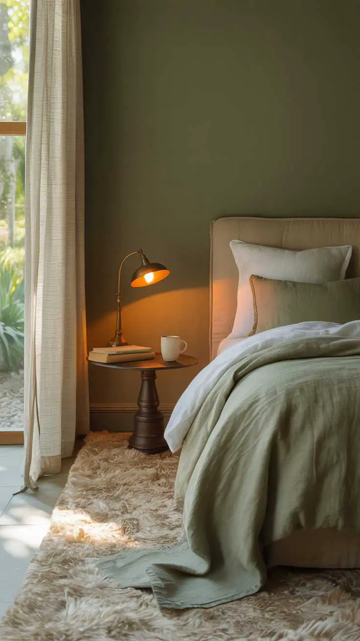 27 Dreamy Dark Green Bedroom Ideas for Stylish Comfort 27 A bedroom with sage green walls and layered green and white bedding