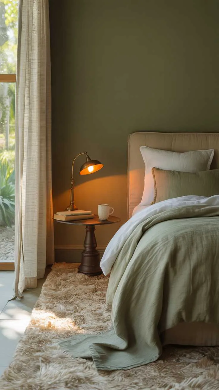 27 Dreamy Dark Green Bedroom Ideas for Stylish Comfort 27 A bedroom with sage green walls and layered green and white bedding