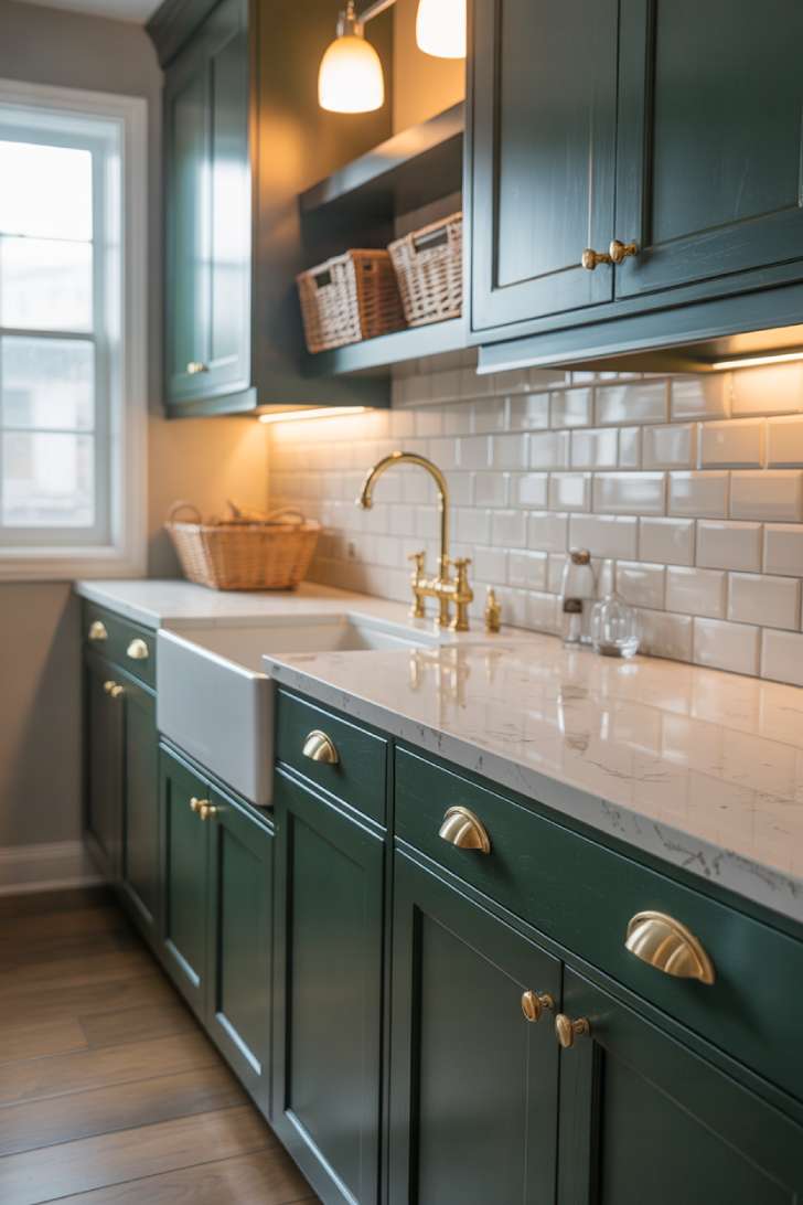 Dark green shaker cabinets with brushed brass hardware and a white quartz countertop in a sunlit laundry room.