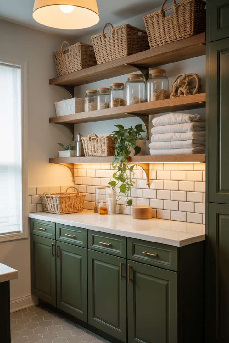 Dark green lower cabinets with open white oak floating shelves styled with woven baskets, glass jars, and a pothos plant.