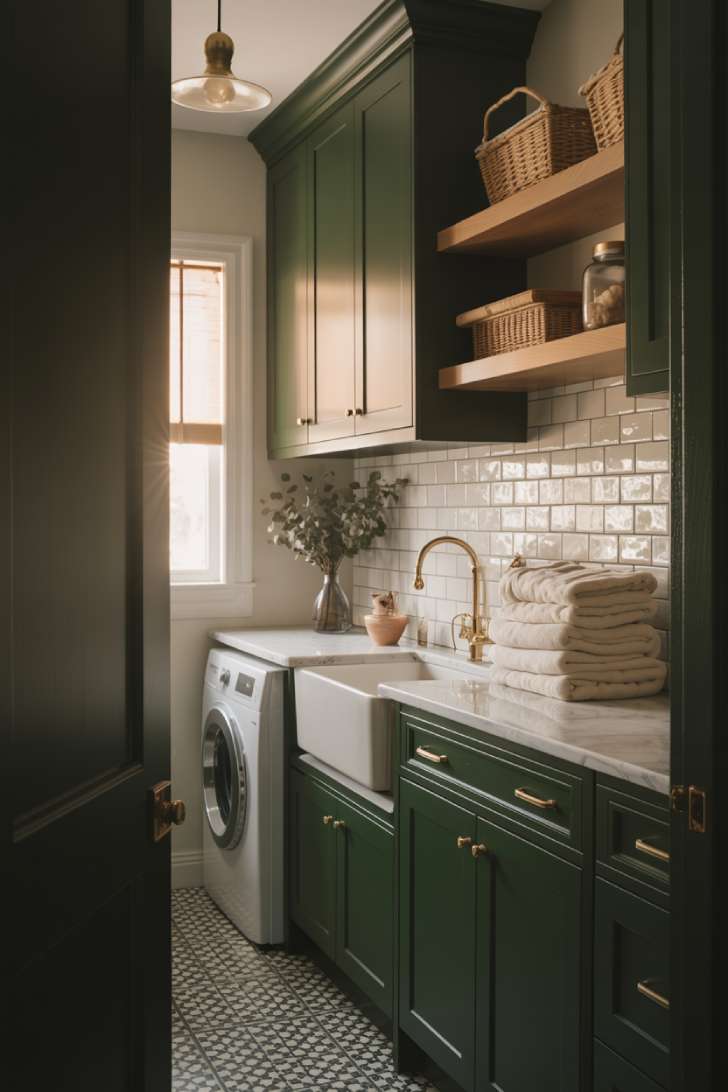 A dark green laundry room