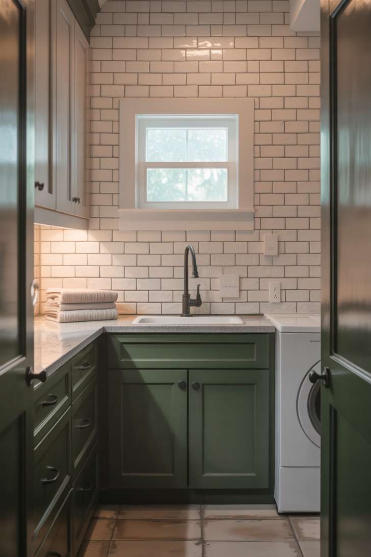 Dark green lower cabinets paired with white beveled subway tile and white upper cabinets in a narrow laundry room.