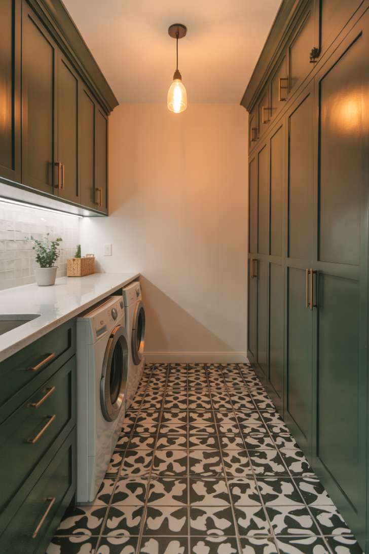 Dark green cabinets with black-and-white patterned cement tile flooring and aged brass handles.