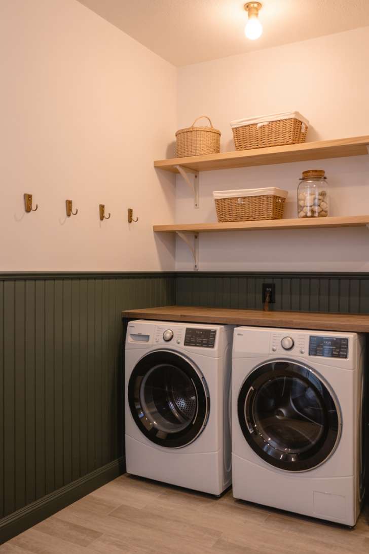 Dark green board and batten half-wall with floating oak shelves and a butcher block countertop over the washer and dryer.