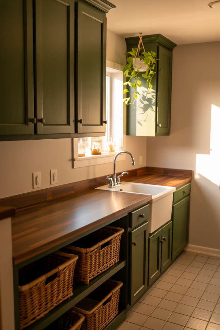 Hunter green cabinets with a walnut butcher block countertop, matte black hardware, and trailing pothos plant.
