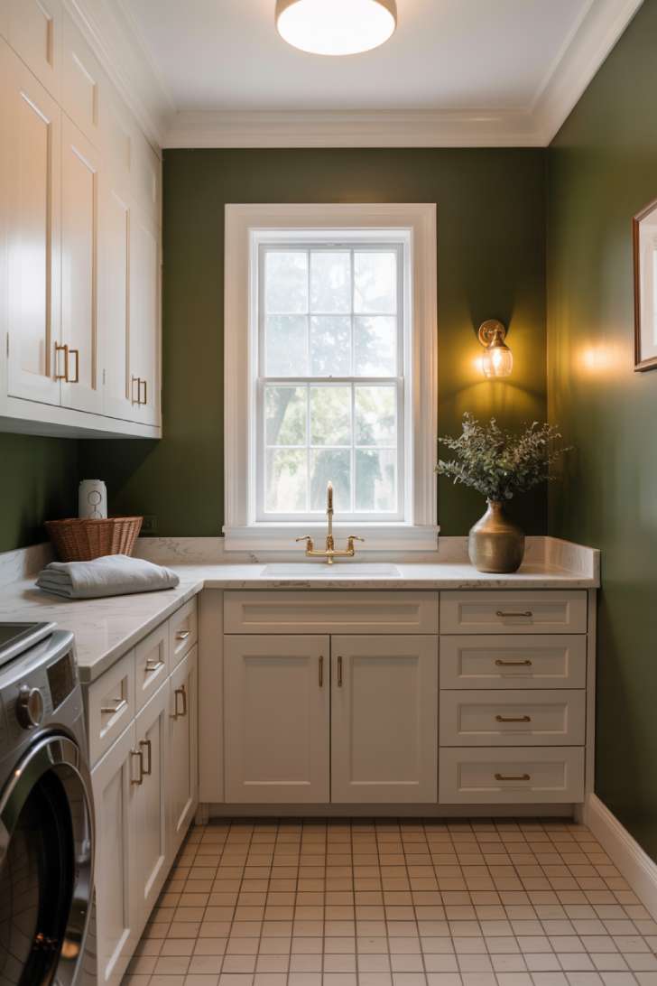 Rich dark green walls with white shaker cabinets, marble-look quartz countertop, and a bright window.