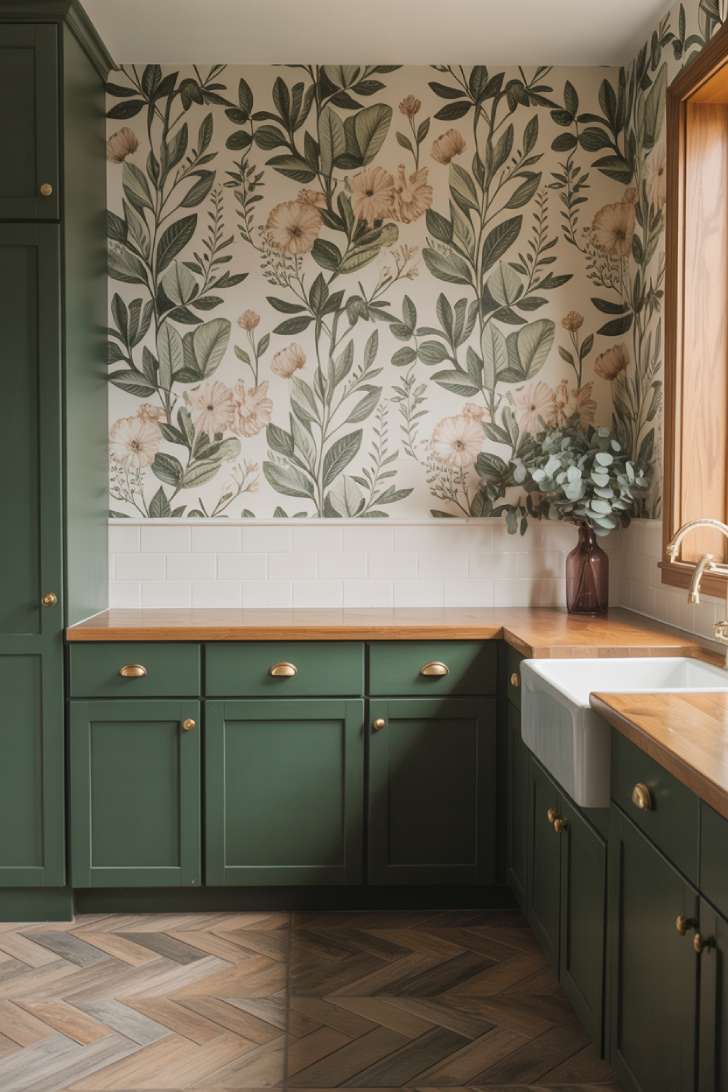 Dark green lower cabinets with a botanical floral wallpaper on the upper walls and a butcher block countertop.