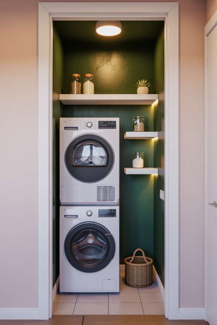 A compact laundry closet with a dark emerald green accent wall, stacked washer and dryer, and floating shelves with LED lighting.