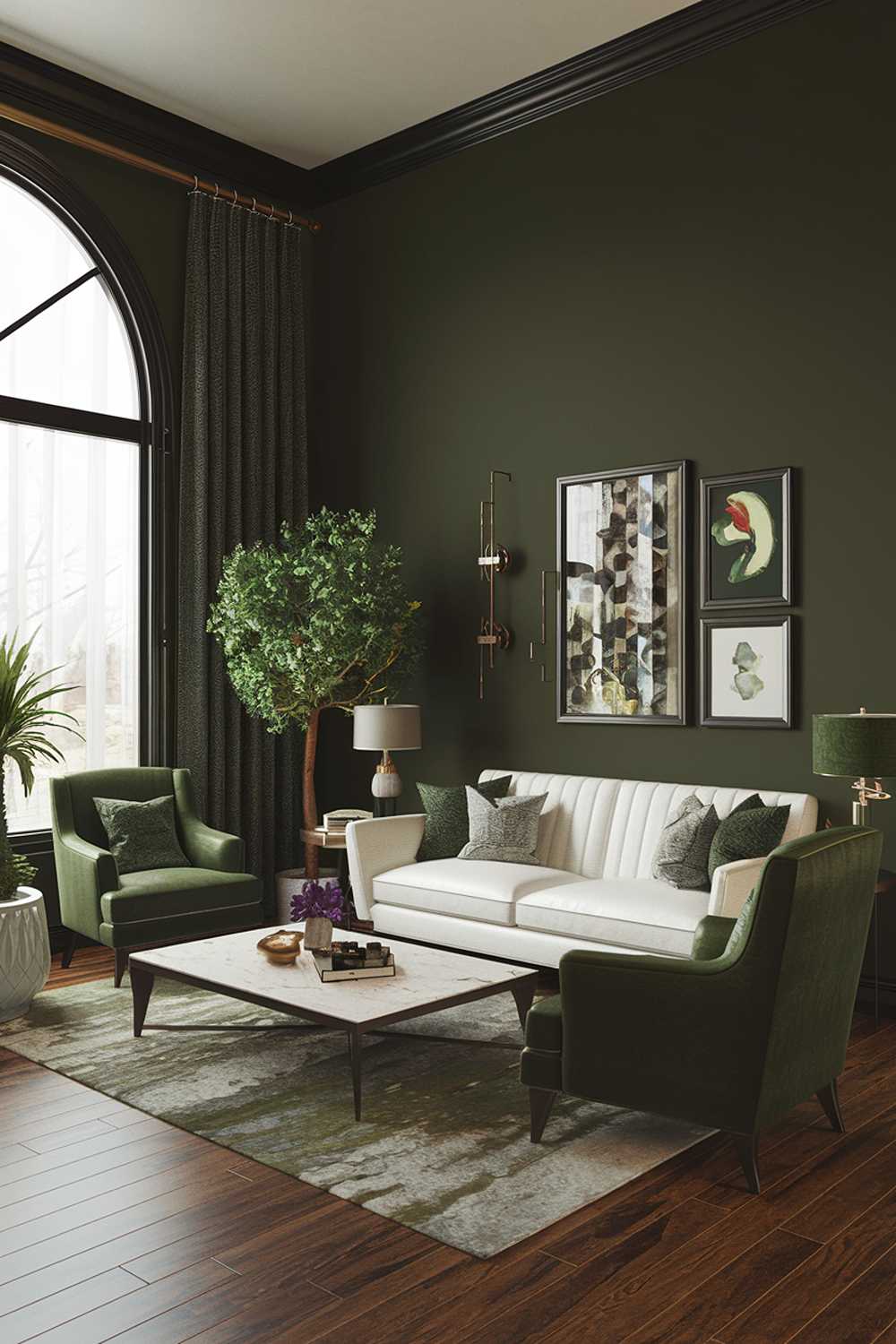 A dark green living room decor. The room has a dark green wall, a white sofa, a dark green armchair, a white coffee table, and a dark green side table. There is a potted plant near the window. The floor is made of hardwood. The ceiling is high. There are several pieces of decorative art on the wall.