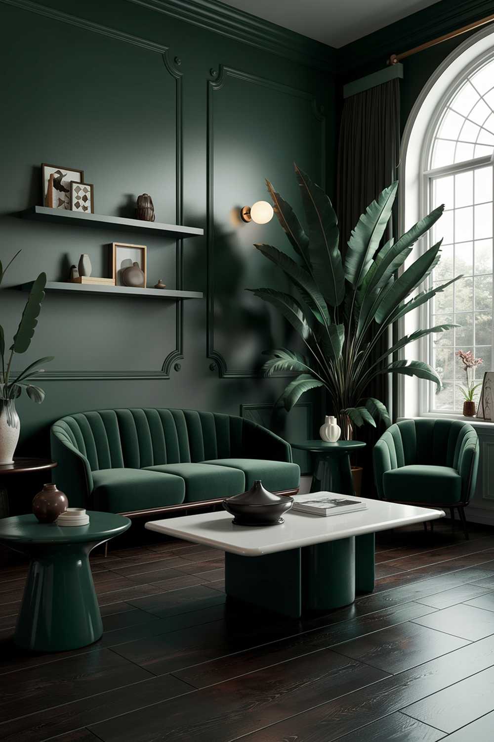 A dark green living room decor with a large window. The room has a dark green wall with a few shelves and a large dark green plant. There is a white sofa with a dark green cushion and a dark green chair. The floor is made of dark wood. There is a white coffee table and a dark green side table. The room has a few decorative items, including a ceramic pot, a wooden box, and a plant. The lighting is soft.