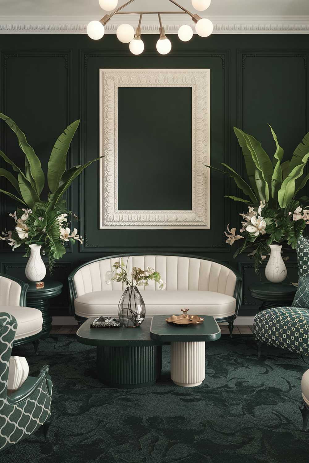 A dark green living room decor. The room has a dark green wall with a large white decorative frame and a white sofa. There is a dark green armchair with a white pattern. A dark green side table with a white decorative vase sits next to the armchair. A white coffee table with a dark green top sits in front of the sofa. The floor is covered with a dark green rug. There are potted plants with green leaves and white flowers. The ceiling has a light fixture with multiple white bulbs.