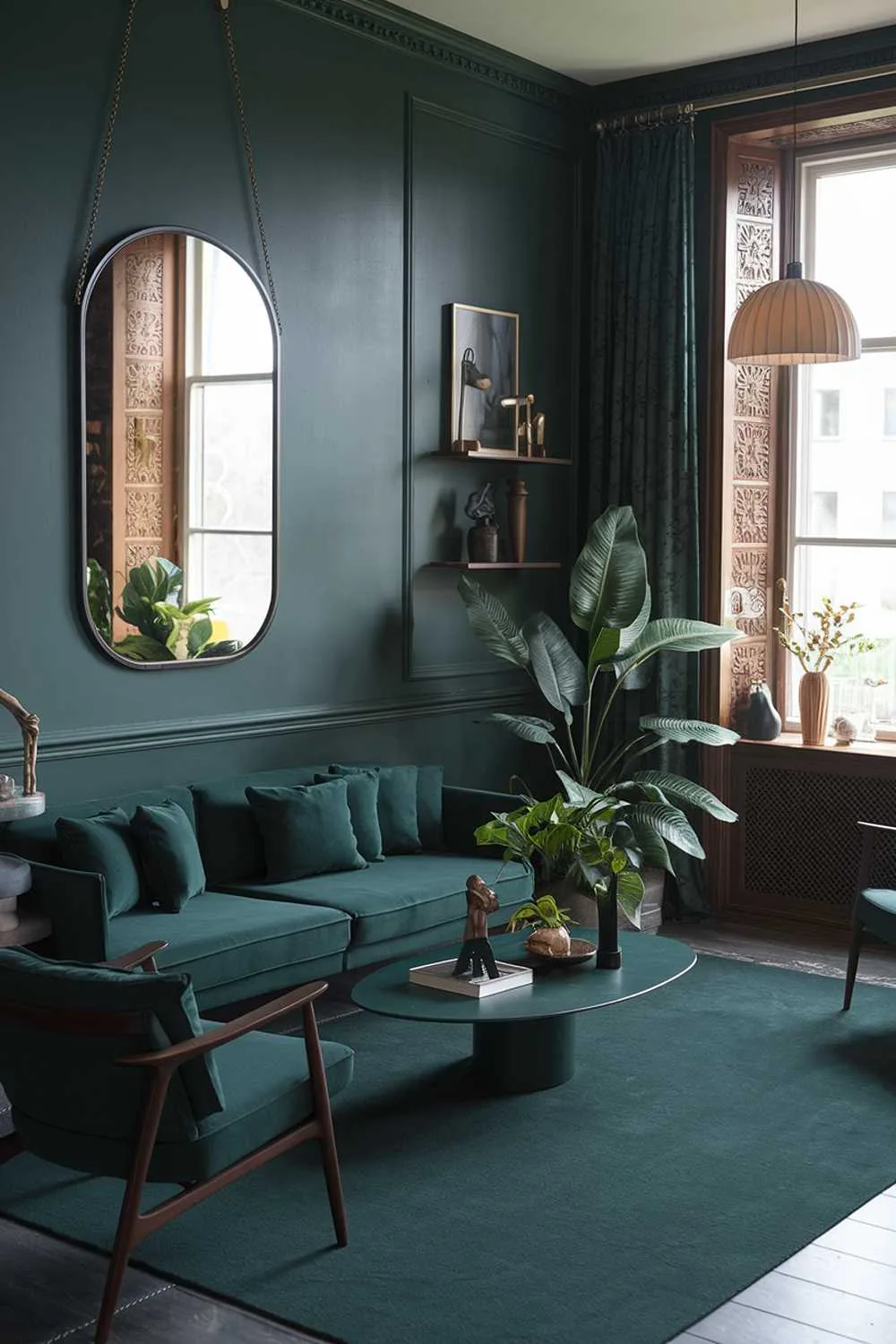 A dark green living room decor. The room has a dark green wall with a large mirror hanging on it. There is a dark green sofa with matching cushions and a coffee table in the centre of the room. A potted plant and a decorative piece are placed on the coffee table. There's a wooden chair in the corner, and a lampshade hangs near the window. The floor is covered with a dark green rug. The room has a wooden shelf near the window with a few decorative items.