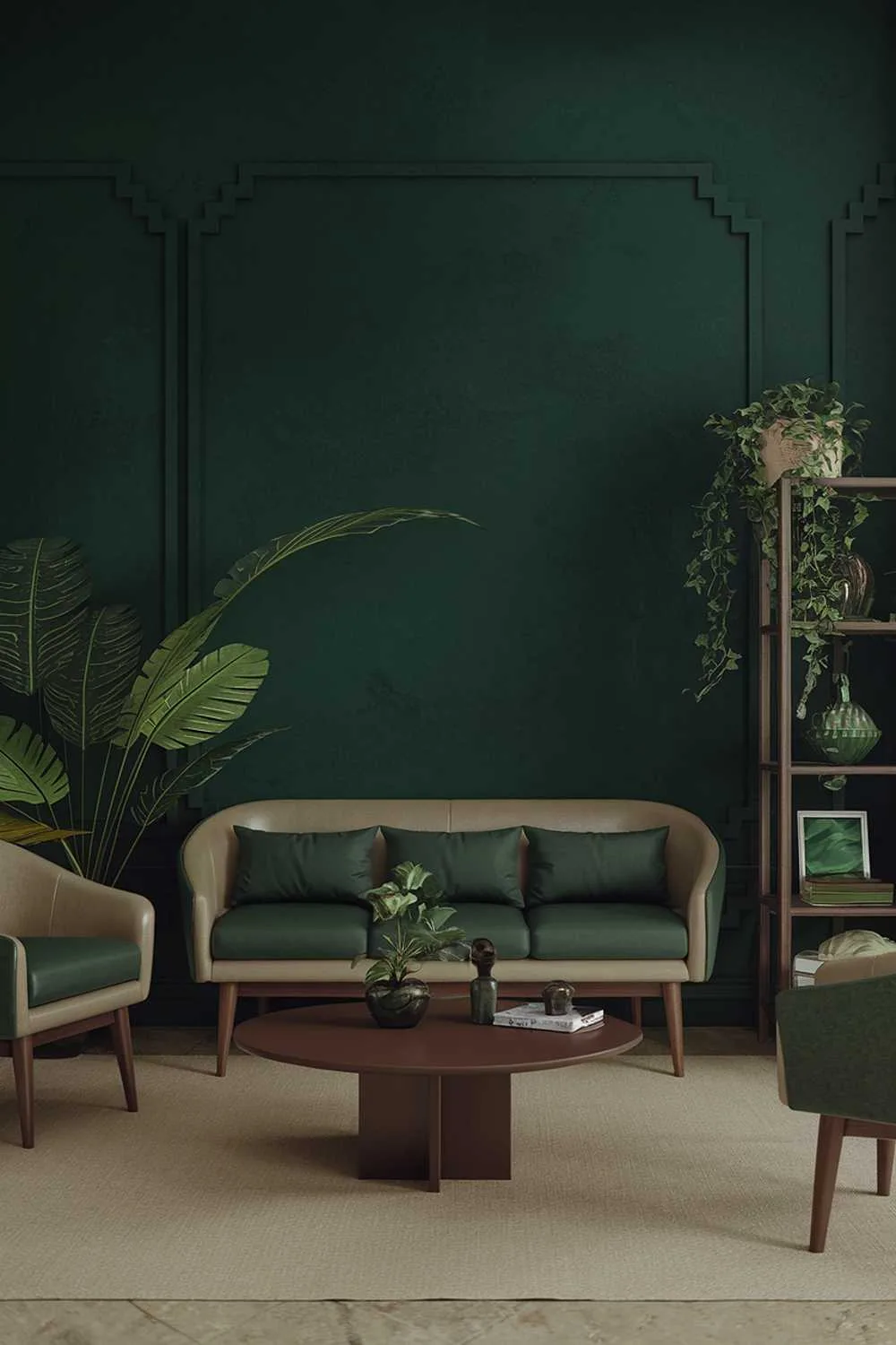 A dark green living room decor. The room has a dark green accent wall, a beige sofa with green cushions, a brown coffee table, and a green chair. There is also a potted plant and a wooden shelf with greenery. The floor is covered with a beige rug. The lighting is soft.