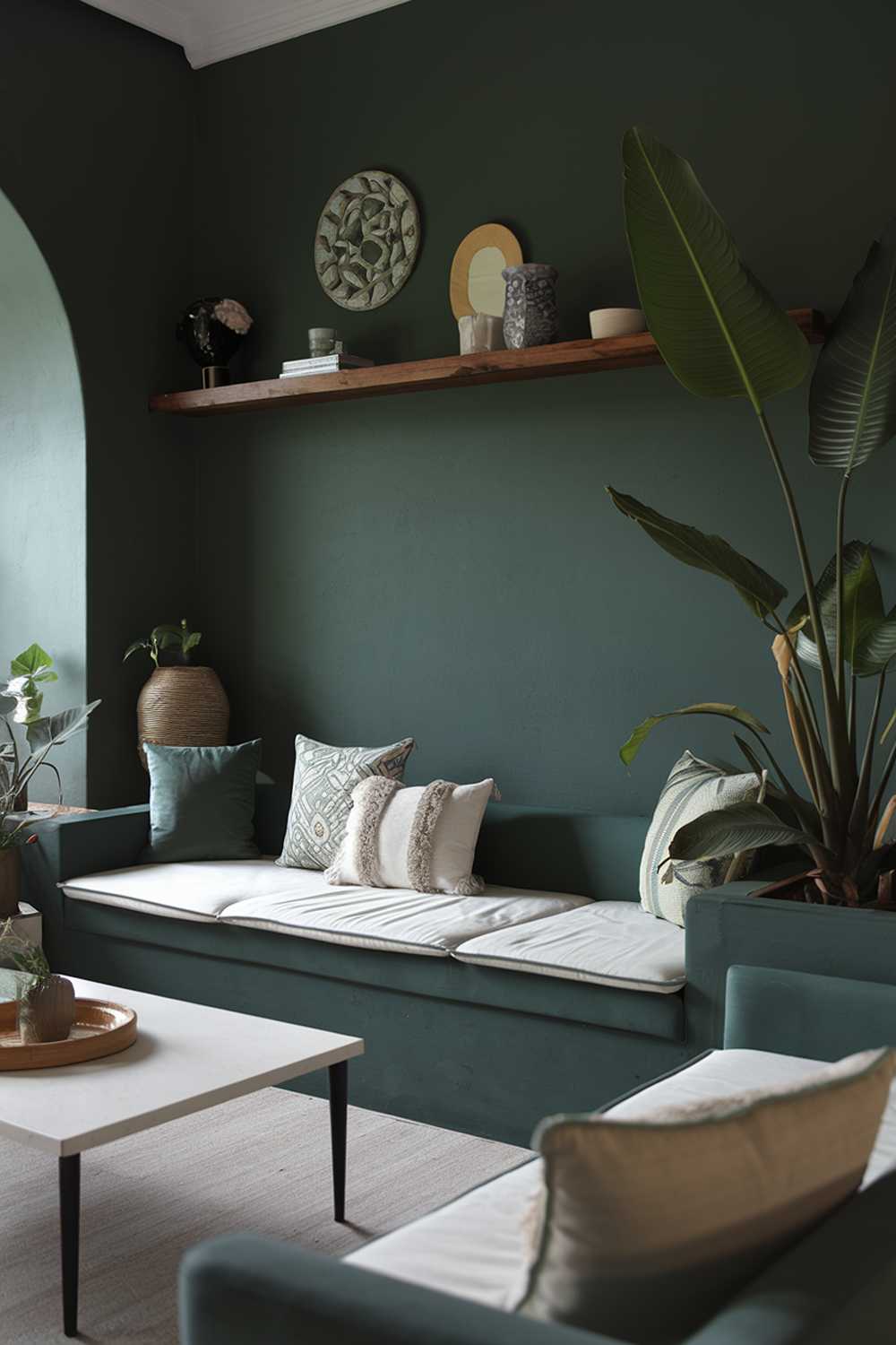 A dark green living room with a stylish and highly detailed decor. The room has a dark green wall, a white floor, and a few pieces of furniture. There is a dark green couch with white cushions and a few decorative pillows. There is a white coffee table in front of the couch. There is a wooden shelf above the couch, holding a few decorative items. There is a large plant in the corner. The lighting is soft.