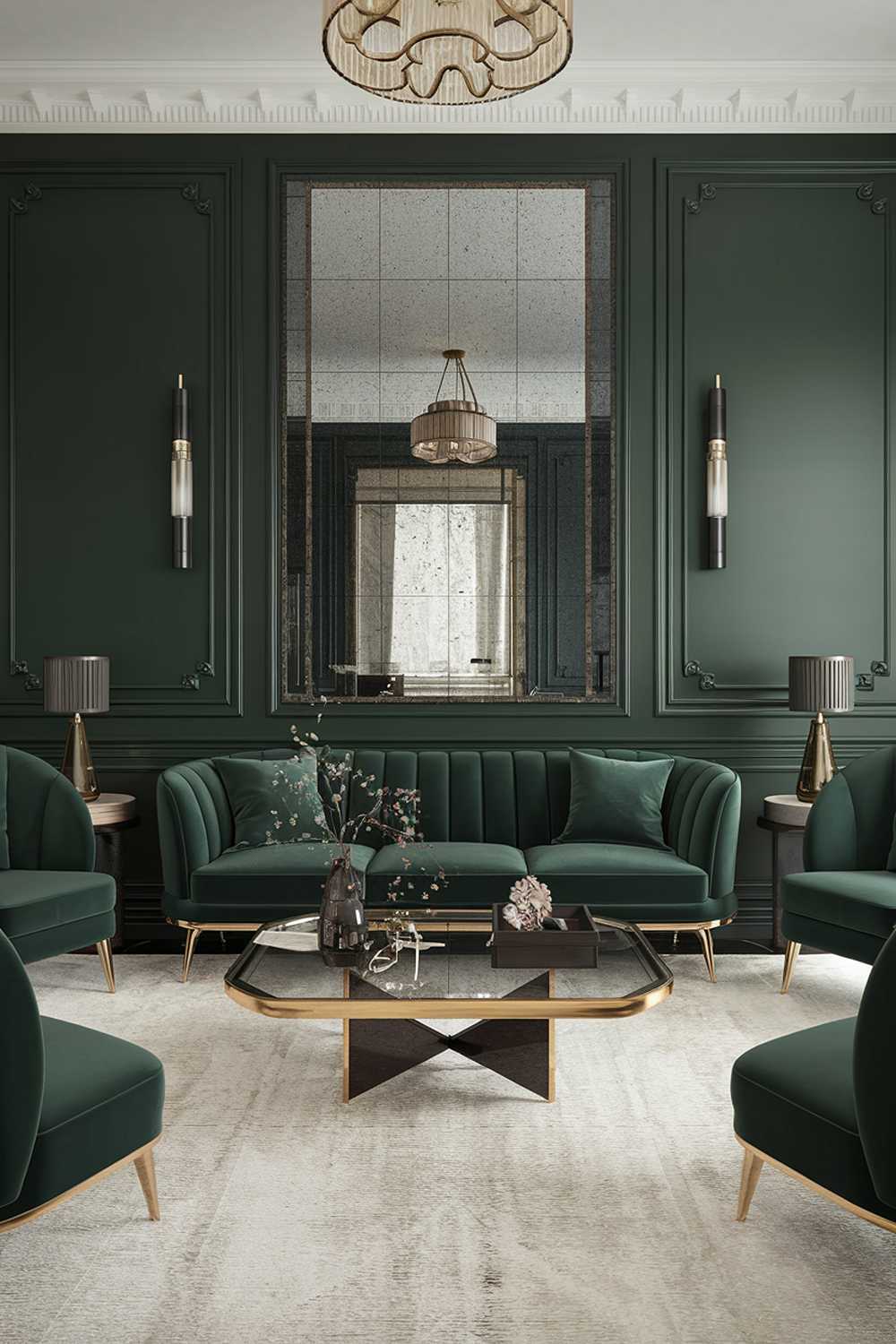 A dark green living room with elegant decor. The room has a dark green wall with a large mirror. There is a dark green sofa with gold legs, a few chairs, and a coffee table in the middle. The coffee table has a glass top and gold legs. There are also a few decorative items on the coffee table. The floor is covered with a white rug. The ceiling has a chandelier.