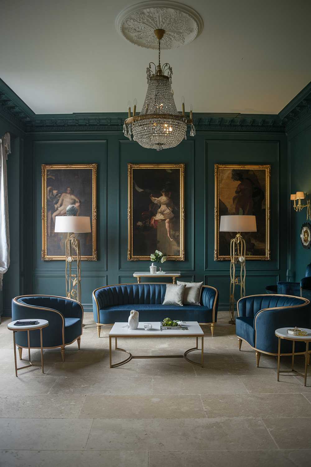 A dark green living room with elegant decor. The room has a high ceiling and features a chandelier. There is a blue sofa with gold legs and a matching armchair. The room also has a white coffee table and a few side tables. There are two gold stands with lamps. The walls have gold frames with classical art. The floor is made of large beige tiles.