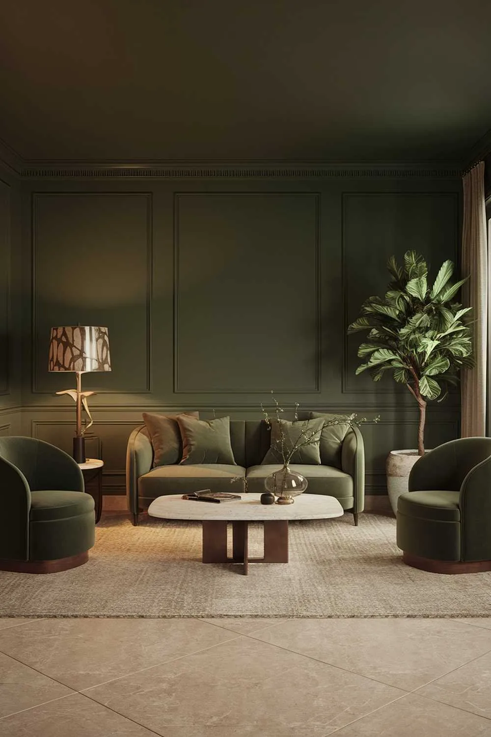 A dark green living room with stylish decor. The room has a dark green wall, a beige sofa, a pair of dark green chairs, a white coffee table, and a beige area rug. There is a potted plant in one corner. The room has a stylish lamp and a decorative object. The floor is made of beige tiles. The lighting is warm and soft.