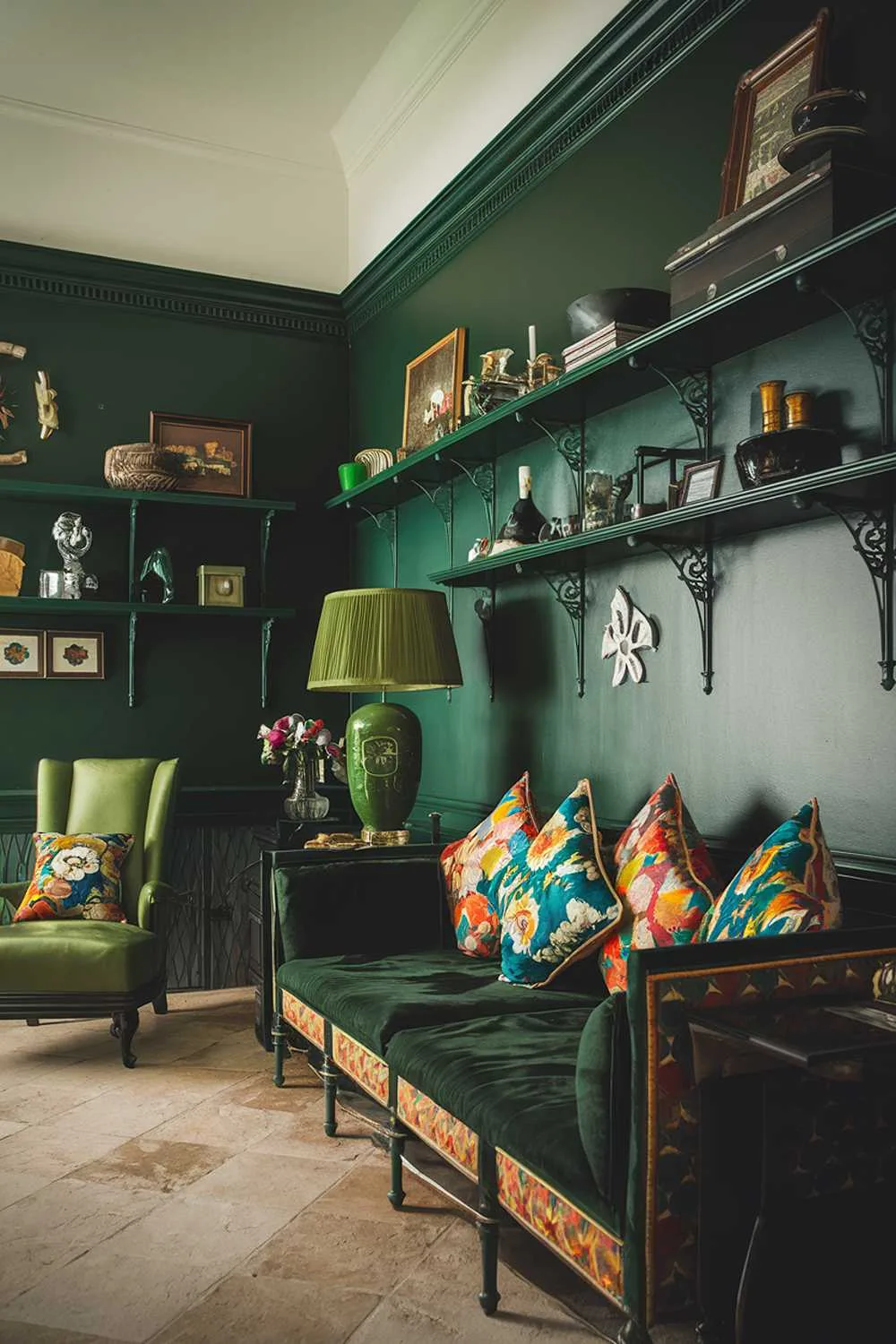 A dark green living room with stylish decor. The room has a dark green wall with multiple shelves holding various items. There is a dark green couch with colorful cushions. A lamp with a green shade is placed on the couch. A green chair is placed near the wall. The floor is made of beige tiles. The ceiling is white.