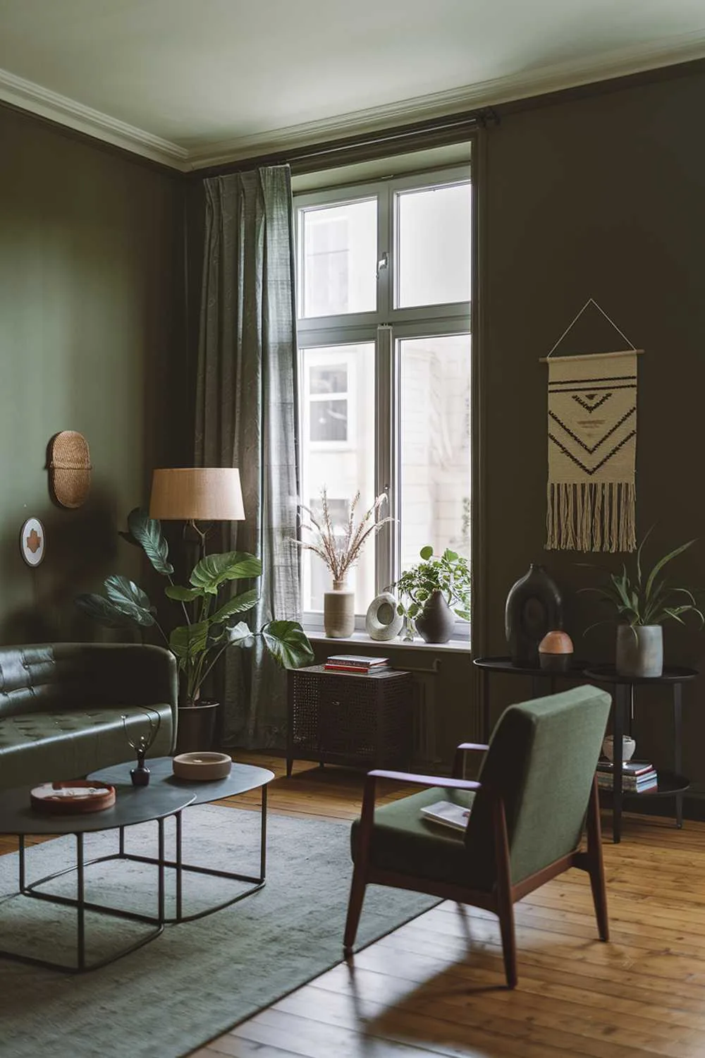 A dark green living room with a stylish decor. The room has a large window with a curtain. There are a few pieces of furniture, including a sofa, a chair, a coffee table, and a plant stand. The walls are painted a dark green color. There are a few decorative items, such as a lamp, a vase, and a wall hanging. The floor is made of wood.