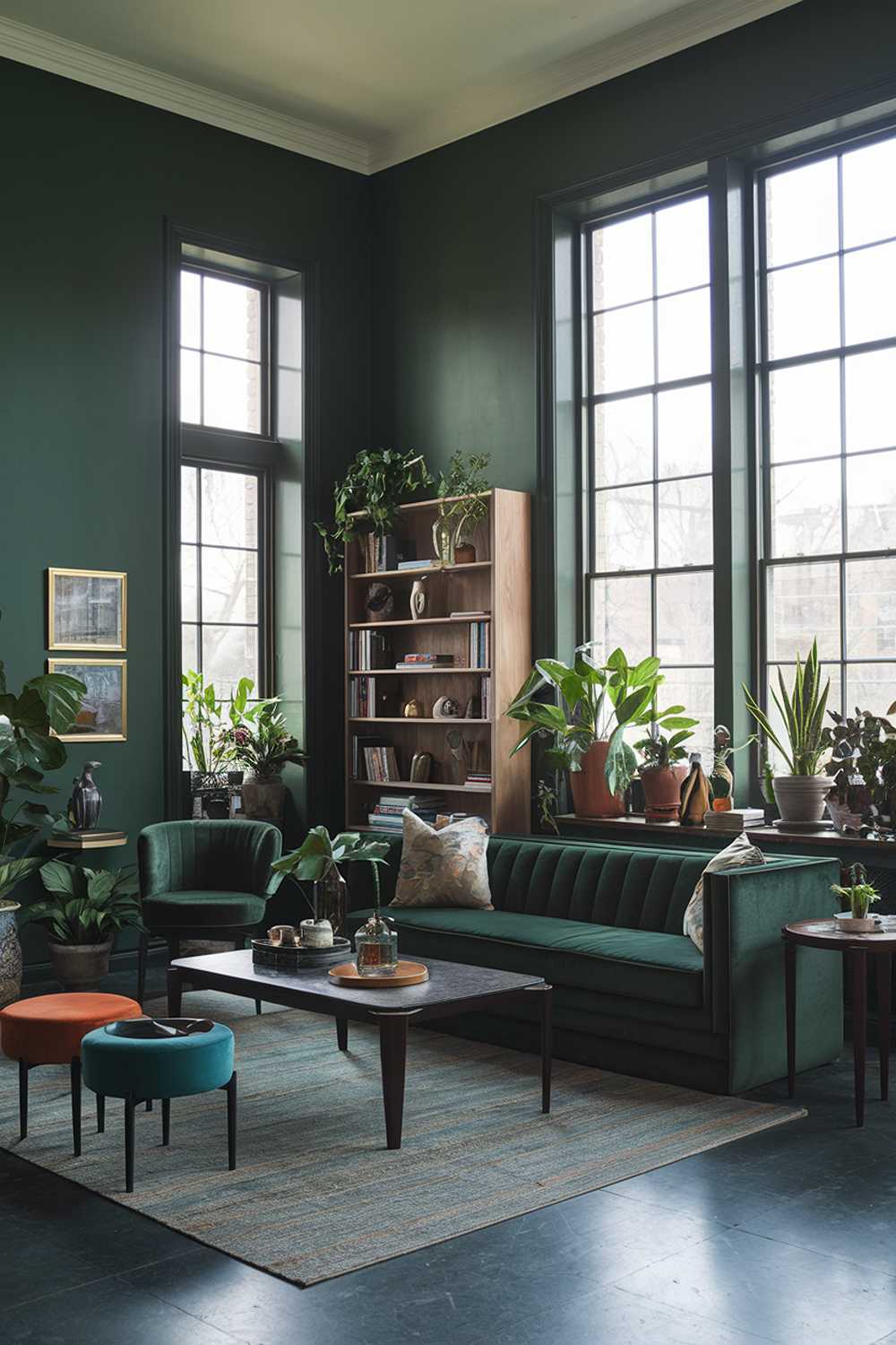 A dark green living room with a stylish decor. The room has a high ceiling and large windows. The walls are painted in a dark green colour. There are various pieces of furniture in the room, including a sofa, a coffee table, a side table, and a bookshelf. The sofa is placed near the wall, and the coffee table is placed in front of it. The side table is placed next to the sofa. The bookshelf is placed near the windows. The floor is covered with a rug. There are some potted plants in the room.