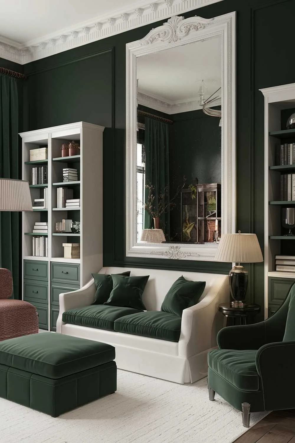 A dark green living room decor. The room has a dark green wall with a large white frameless mirror. There's a white sofa with dark green cushions and a dark green accent chair. A dark green side table with a lamp is placed near the sofa. A dark green ottoman is placed in front of the sofa. A white bookshelf with dark green drawers is placed against the wall. The floor is covered with a white rug.