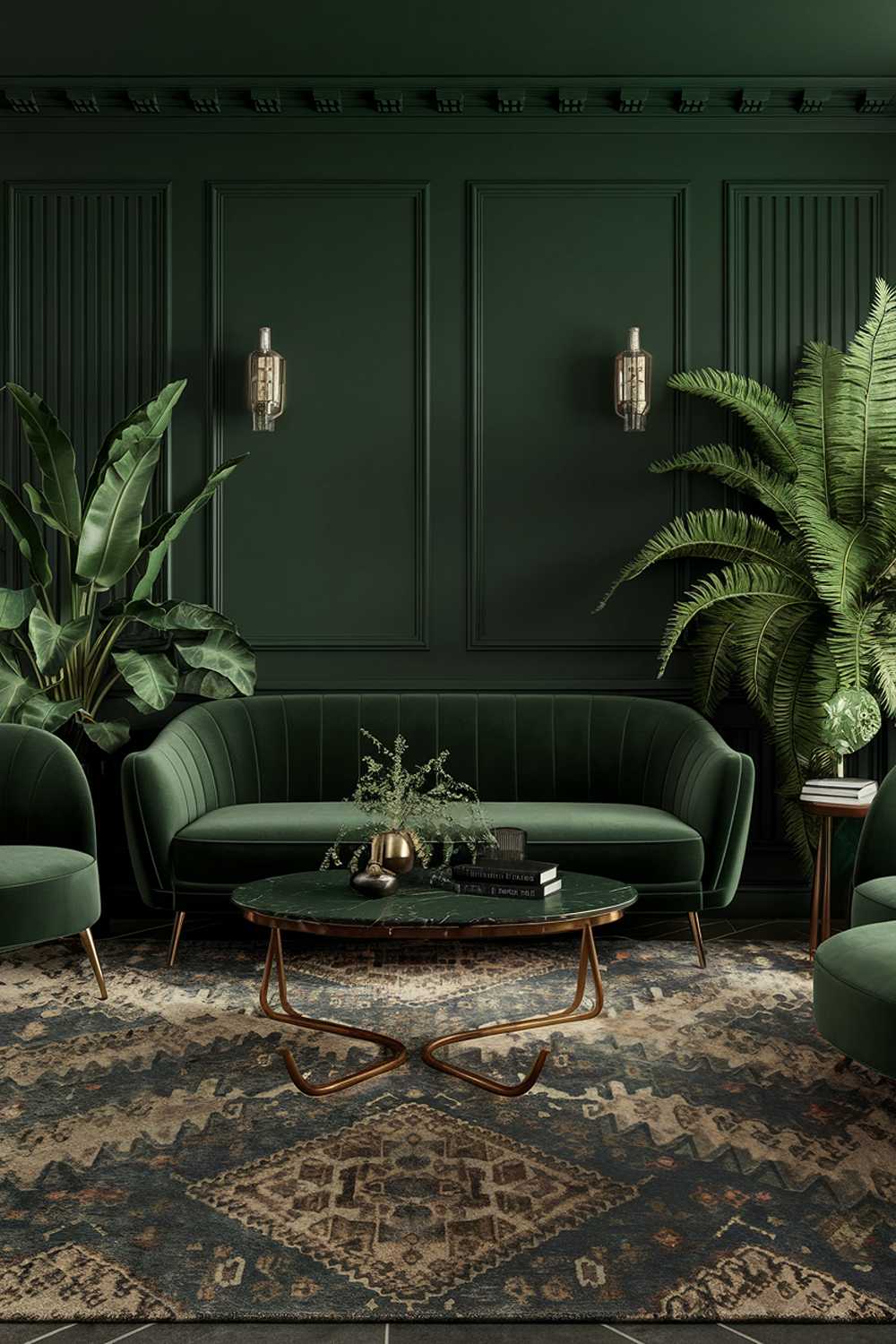 A dark green living room decor. The room has a dark green wall with a large patterned rug on the floor. There is a green velvet sofa with gold legs, a mid-century modern coffee table with a dark green top, and a few green and gold accent pieces. The room has a few plants, including a large fern. The lighting is soft.