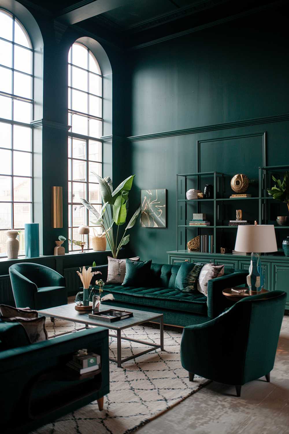 A dark green living room with a stylish and cozy decor. The room has a high ceiling and large windows. The walls, furniture, and decorative elements are all dark green. There are a few white and beige elements, such as a rug, a lamp, and a plant. The room has a plush sofa, a armchair, a coffee table, and a bookshelf. The lighting is soft.