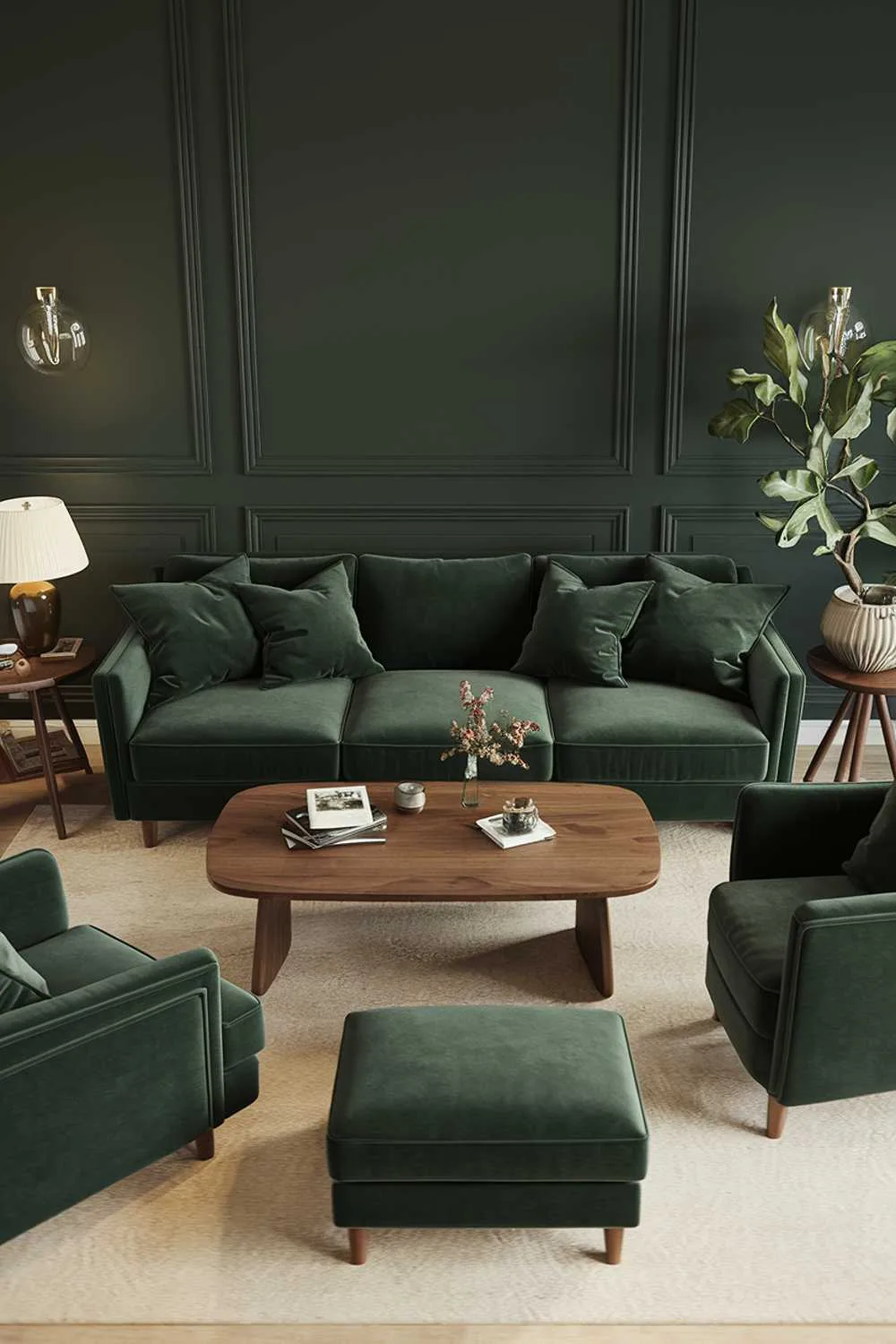 A dark green living room decor with a plush dark green sofa, a dark green armchair, a dark green footstool, and a dark green loveseat. There is a wooden coffee table in the center. The walls are dark green. There are a few decorative items, such as a lamp, a plant, and a few books. The floor is a light-colored wood.