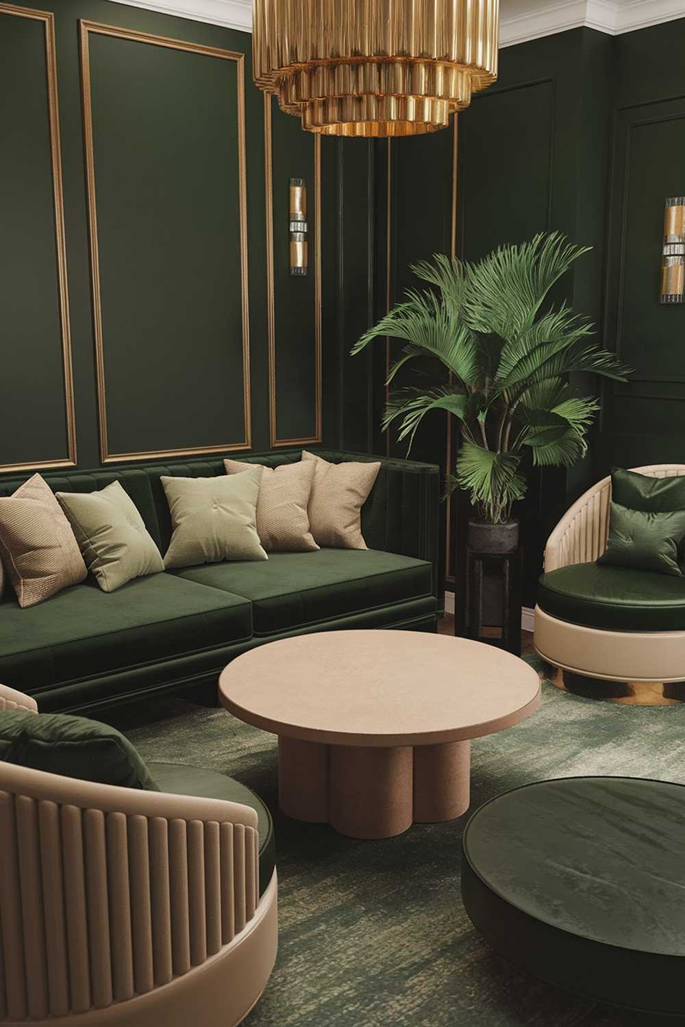 A dark green living room decor. There is a dark green sofa with multiple cushions in various shades of beige and green. There is a round beige coffee table in the middle of the room. There are two beige chairs with dark green cushions. There is a dark green plant stand with a potted plant. The walls are dark green. There are golden accents on the walls. There is a large golden chandelier hanging from the ceiling.