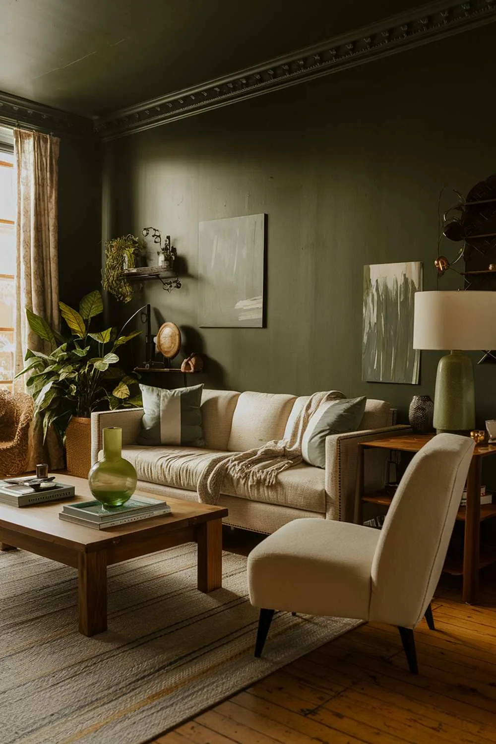 A dark green living room with a detailed decor. The room has a dark green wall, a beige sofa, a white chair, and a wooden coffee table. There are also a few decorative items, including a green vase, a white lamp, and a few books. The room has a wooden floor and a few plants. The lighting is warm.