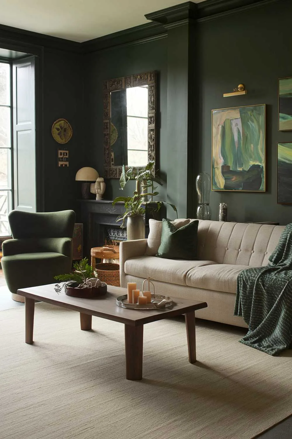 A dark green living room with cozy decor. There's a beige sofa with green pillow and a wooden coffee table in the middle of the room. A dark green chair is placed near the sofa. On the wall, there's a large decorative mirror and a few paintings. The floor is covered with a large beige rug.