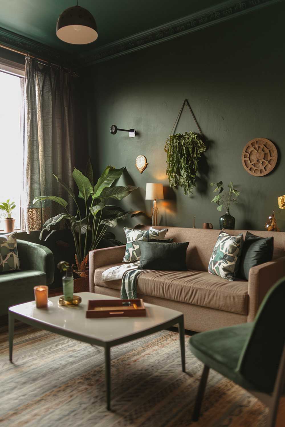 A dark green living room with highly detailed decor. The room has a dark green wall, a beige sofa, a white coffee table, and a green chair. There are also a few decorative items, such as a green plant, a wooden tray, and a candle. The room has a warm ambiance with soft lighting.