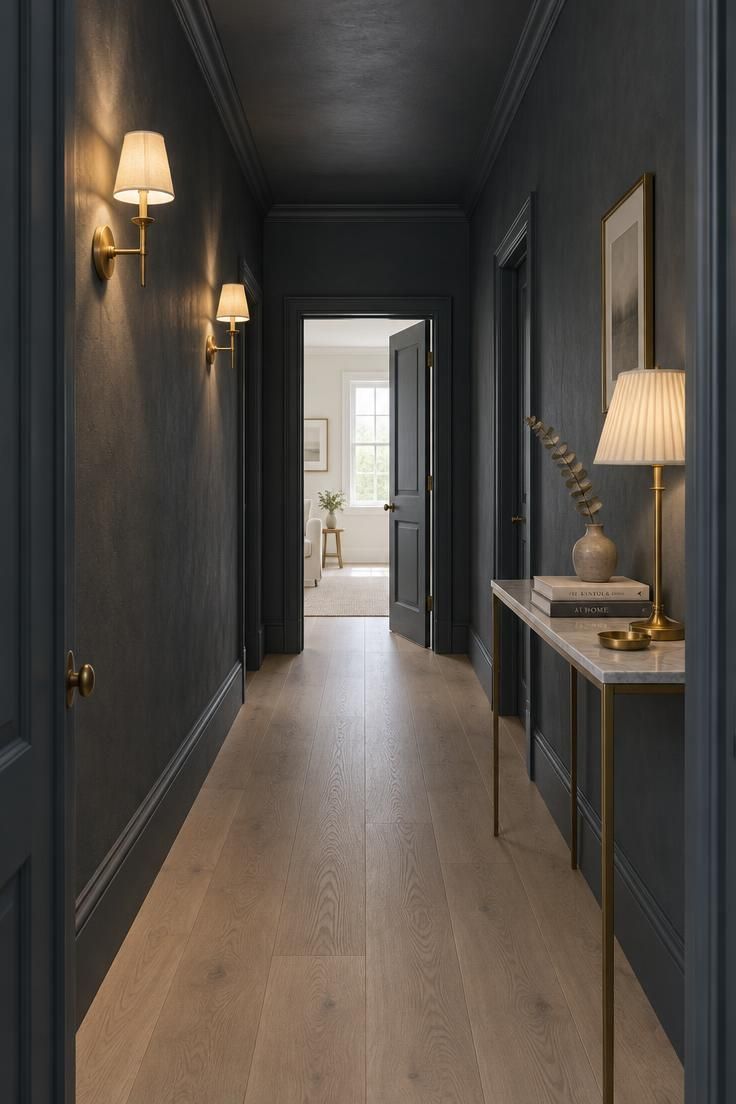 12 Dark Grey Hallway Ideas That Give a Shadowy Hall Depth 1 A narrow charcoal grey hallway with a pale oak floor, brass wall sconces casting warm light on dark walls, and a slim brass console with a lamp at the far end near an open bright doorway.