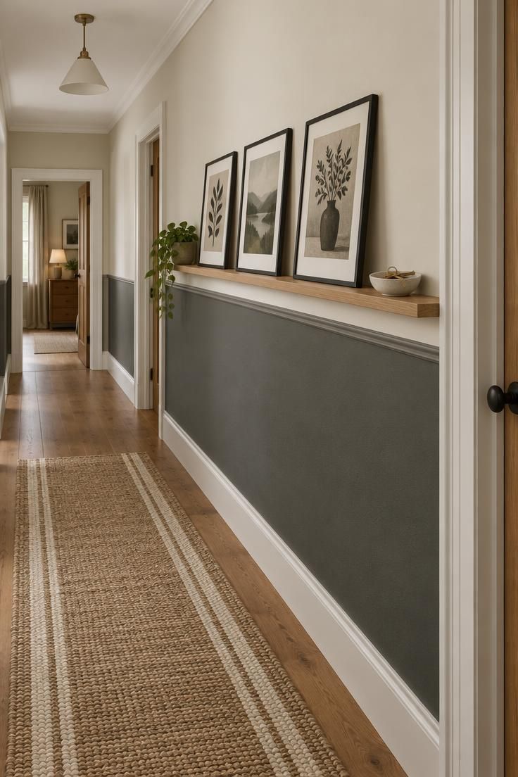 12 Dark Grey Hallway Ideas That Give a Shadowy Hall Depth 2 A hallway with dark grey paint below a mid-height chair rail, pale cream wall above, an oak picture shelf holding three black-framed prints, and a jute and cream runner on a wood floor.