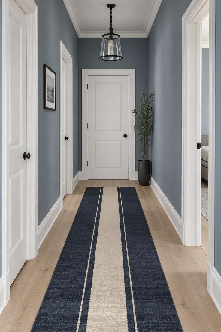 12 Dark Grey Hallway Ideas That Give a Shadowy Hall Depth 3 A cool blue-grey hallway with crisp white baseboards and doorframes, a white door at the far end, a black and glass pendant, and a navy and ivory runner on pale wood.