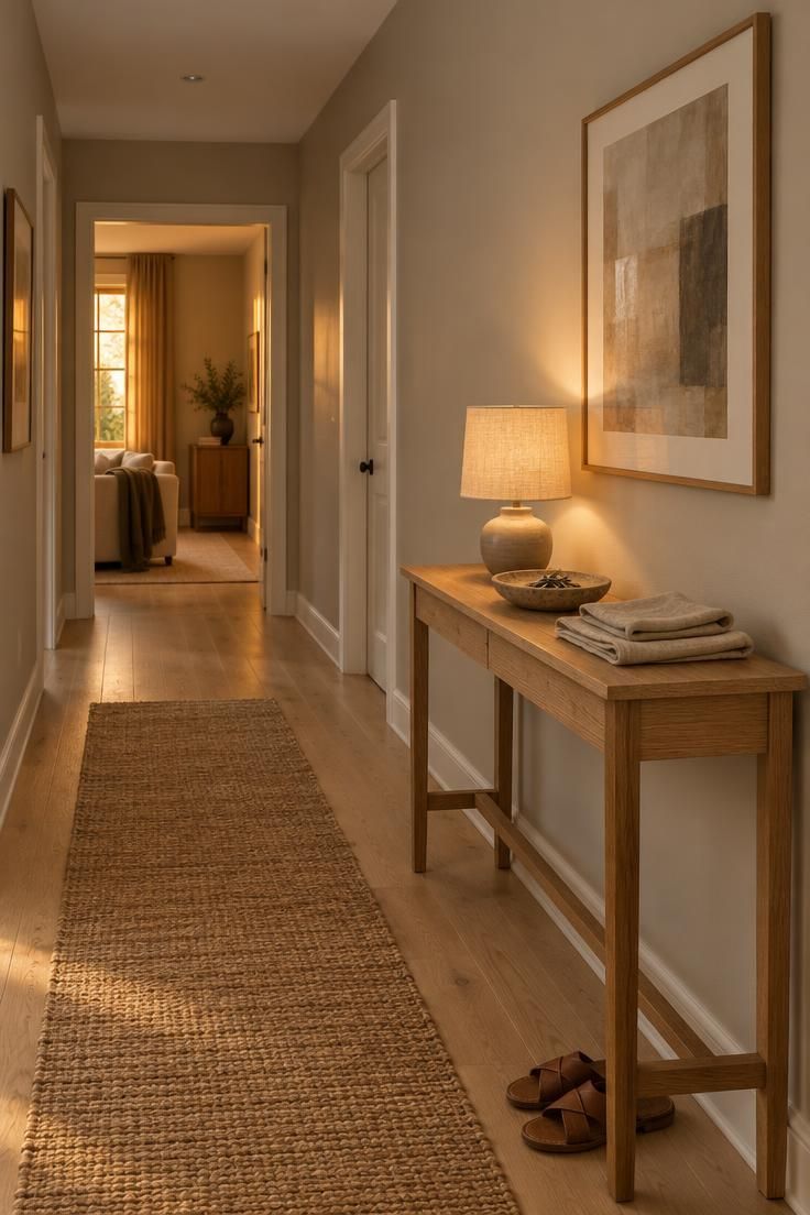 12 Dark Grey Hallway Ideas That Give a Shadowy Hall Depth 4 A soft greige hallway with a honey oak console, a linen-shaded lamp, a stoneware bowl of keys, a jute runner on light oak flooring, and a single muted abstract print in a thin oak frame.