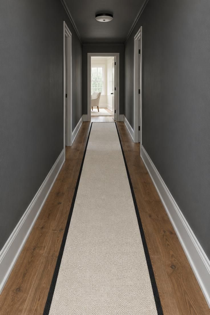 12 Dark Grey Hallway Ideas That Give a Shadowy Hall Depth 5 An overhead view of a long dark grey hallway with a white ceiling, an ivory runner with a black border down the center of a medium-brown wood floor, and a bright room visible through an open door at the far end.